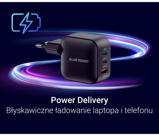 Silver Monkey Ładowarka GaN Smart Trio 70W PD Czarna - 1417249 - zdjęcie 3